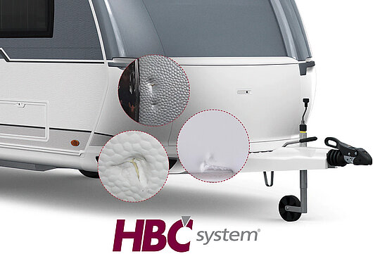 Wohnwagen-Reparatur: Nahaufnahme des HBC-Systems an einer strukturierten Wohnwagen-Außenwand